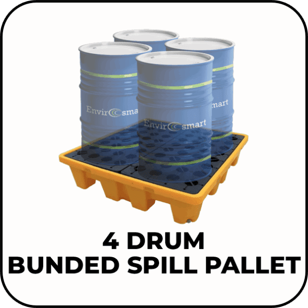 4 Drum Spill Pallet with forklift-accessible base and removable grate, used for drum containment.