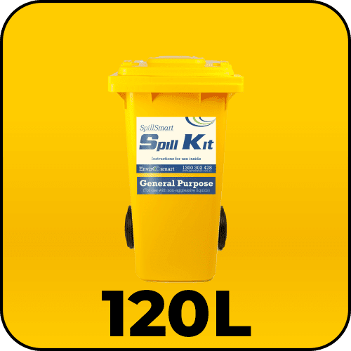 Spillmaster General Purpose Spill Kit 120L in a mobile yellow wheelie bin, ready for medium-large spill response.