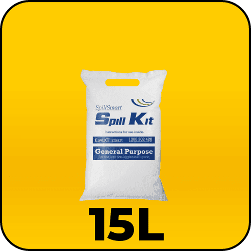 Spillmaster General Purpose Spill Kit 15L in a yellow PVC bag, ready for non-hazardous spill response.