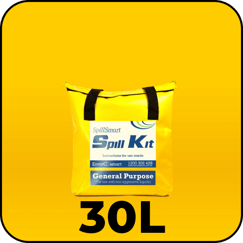 Spillmaster General Purpose Spill Kit 30L in a portable yellow PVC bag ready for all liquid spill response