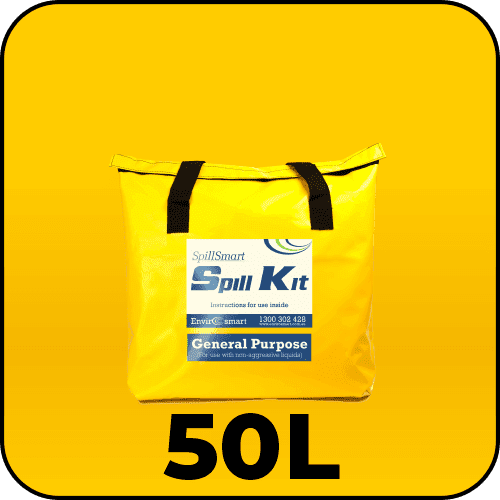 Spillmaster General Purpose Spill Kit 50L in a portable yellow PVC bag, ready for all-liquid spill response.