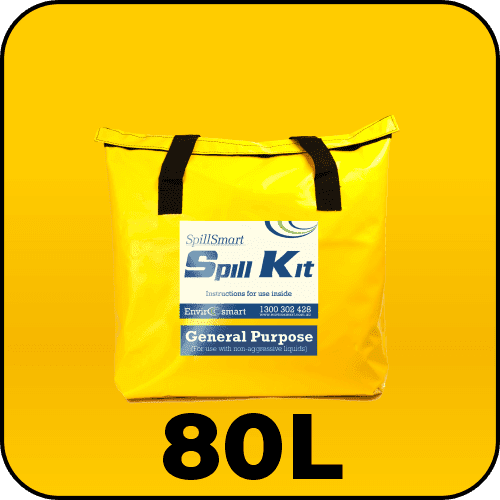 Spillmaster General Purpose Spill Kit 80L in a portable yellow PVC bag ready for mid size spill response