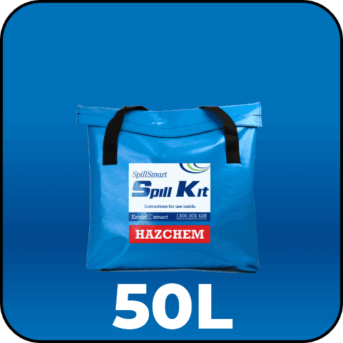 Spillmaster Hazchem Spill Kit 50L in a portable blue PVC bag ready for hazardous chemical spill response