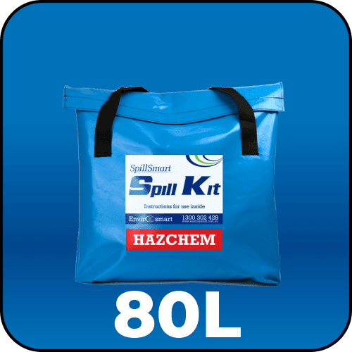 Spillmaster Hazchem Spill Kit 80L in a portable blue PVC bag ready for hazardous chemical spill response