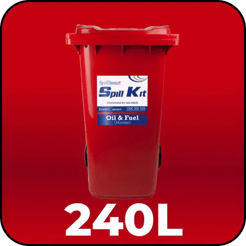 Spillmaster Marine Spill Kit 240L in a large red wheeled bin, ready for comprehensive oil spill response.