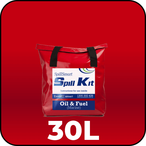 Spillmaster Marine Spill Kit 30L in a compact red PVC bag, ready for marine oil spills.