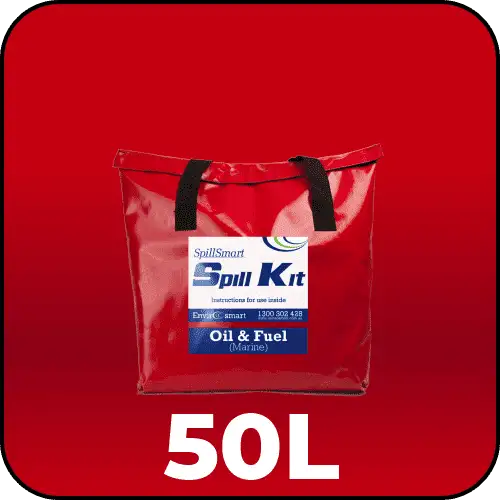 Spillmaster Marine Spill Kit 50L in a portable red PVC bag, ready for marine oil spills.
