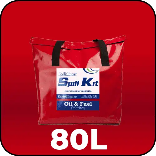 Spillmaster Marine Spill Kit 80L in a comprehensive red PVC bag, ready for marine oil spills.