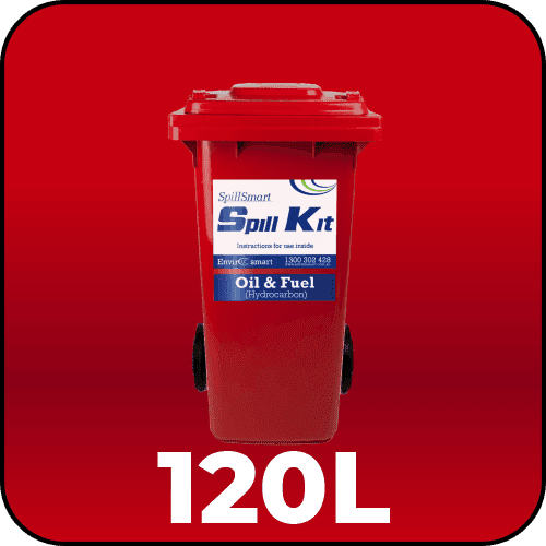 Spillmaster 120L Oil & Fuel Spill Kit in a red wheelie bin, ready for hydrocarbon spill response.