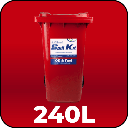 Spillmaster 240L Oil & Fuel Spill Kit in a large red wheelie bin, ready for heavy-duty hydrocarbon spill response.