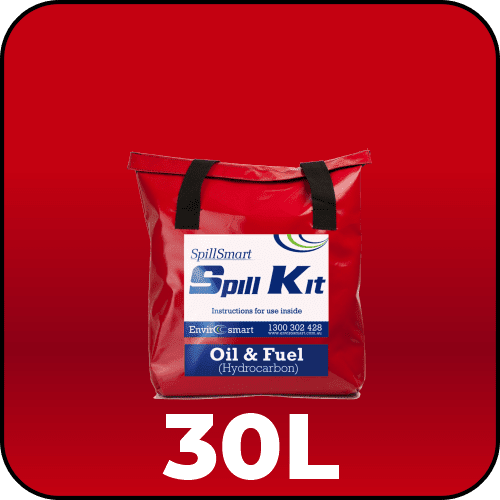 Spillmaster 30L Oil & Fuel Spill Kit in a portable red PVC bag, ready for hydrocarbon spills.