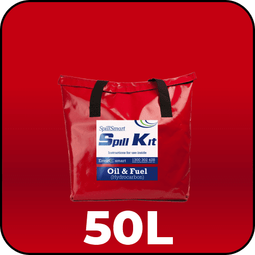 Spillmaster 50L Oil & Fuel Spill Kit in a red PVC bag, ready for comprehensive spill response.