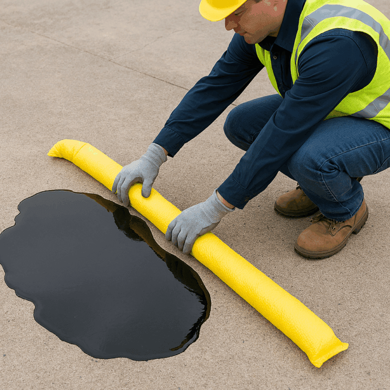 Worker deploying a yellow spill water filled boom to control liquid spill on concrete surface