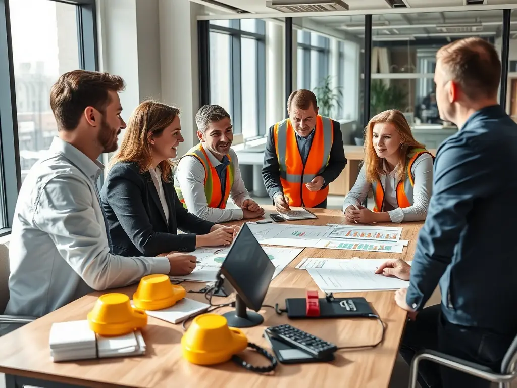 A professional photograph showcasing a team of Spillkits.com.au experts in a modern office setting, reviewing product compliance documents and market analysis reports, symbolizing their authority and expertise.
