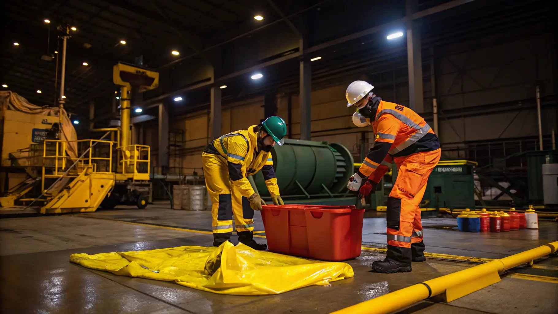 Industrial workers handling hazardous materials in a controlled facility with safety gear and containment protocols