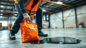 Worker deploying spill kit in response to liquid spill in industrial facility