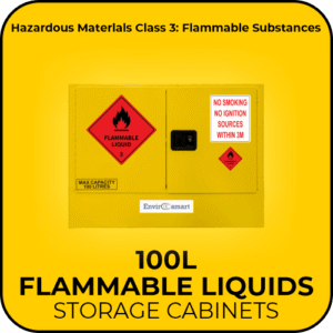 Yellow flammable liquids storage cabinet with hazard labels (100L capacity) and 'Flammable Liquids' text for Class 3 materials.