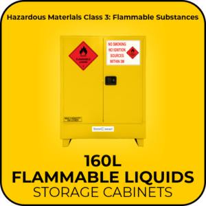Yellow 160L flammable liquids storage cabinet labeled as Hazardous Materials Class 3, with warning signs on doors.