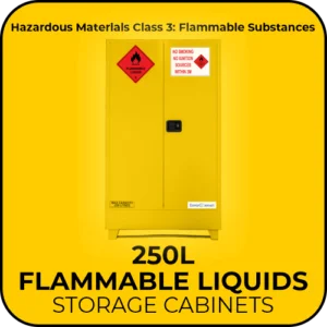 Yellow hazardous materials cabinet for flammable liquids (250 L) with warning diamond signs and 'Flammable Liquids' storage label.
