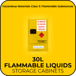 Yellow hazardous materials storage cabinet for flammable liquids, labeled '30L Flammable Liquids Storage Cabinets' with warning text on the door