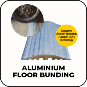 Aluminium floor bonding sheet with curved profile and a wheel close-up; yellow badge reads Exclusive STF Technology