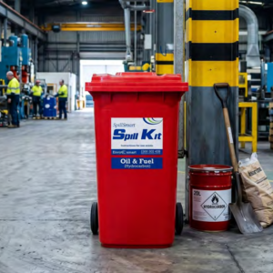 Alternative view of 240L Oil and Fuel Spill Kit – Red Mobile Wheely Bin