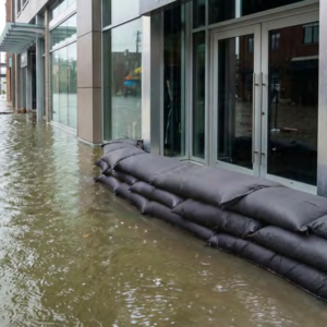 Flooded city street with water lapping against a glass storefront; sandbags line the entrance as a barrier.
